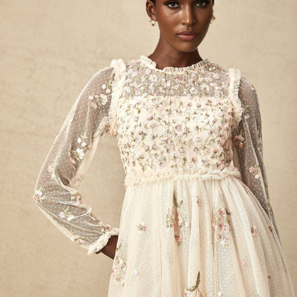 Diletta Floral Embroidery Midi Dress in Neutrals Sequin Embellishments Tulle Frilled Neck Puff Sleeves Ruffle Detailing Pleated Design Layered Skirt Ankle Length Rear Zip Fastening 100% Terylene