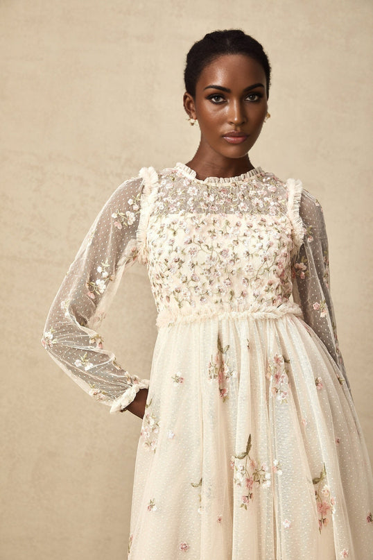 Diletta Floral Embroidery Midi Dress in Neutrals Sequin Embellishments Tulle Frilled Neck Puff Sleeves Ruffle Detailing Pleated Design Layered Skirt Ankle Length Rear Zip Fastening 100% Terylene