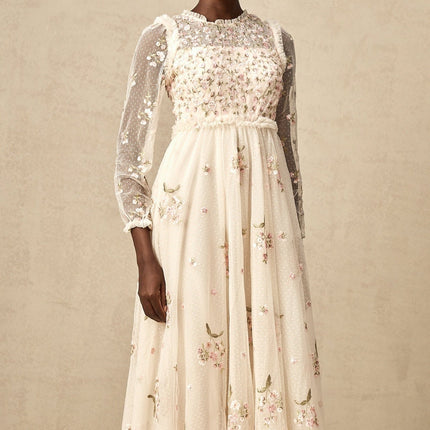 Diletta Floral Embroidery Midi Dress in Neutrals