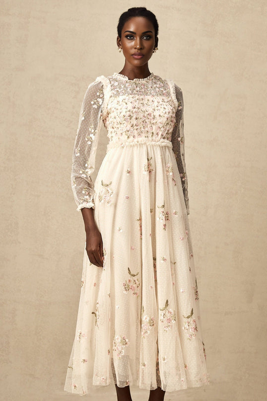 Diletta Floral Embroidery Midi Dress in Neutrals