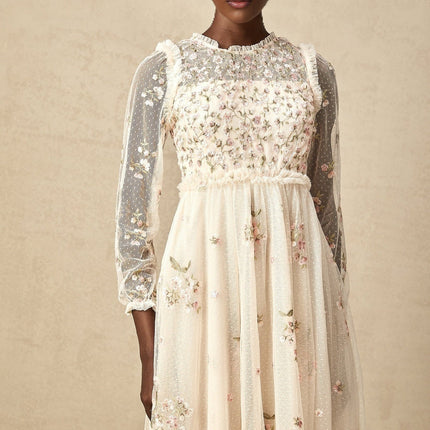 Diletta Floral Embroidery Midi Dress in Neutrals