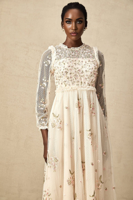 Diletta Floral Embroidery Midi Dress in Neutrals