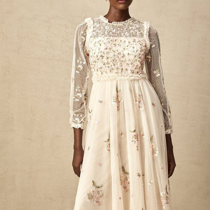 Diletta Floral Embroidery Midi Dress in Neutrals