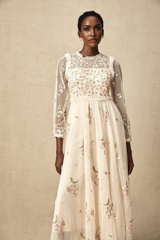 Diletta Floral Embroidery Midi Dress in Neutrals