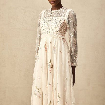 Diletta Floral Embroidery Midi Dress in Neutrals