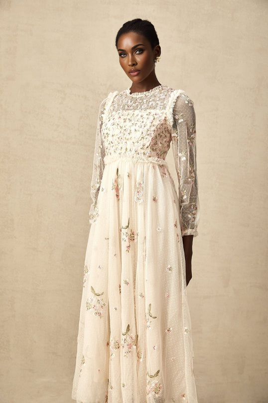 Diletta Floral Embroidery Midi Dress in Neutrals