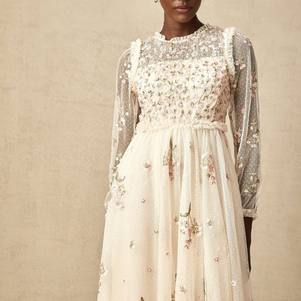 Diletta Floral Embroidery Midi Dress in Neutrals