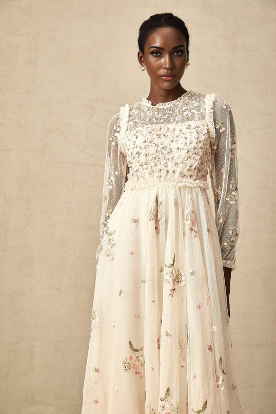 Diletta Floral Embroidery Midi Dress in Neutrals