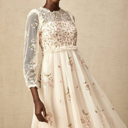 Diletta Floral Embroidery Midi Dress in Neutrals