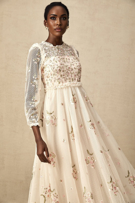 Diletta Floral Embroidery Midi Dress in Neutrals
