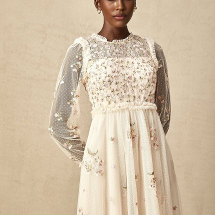 Diletta Floral Embroidery Midi Dress in Neutrals
