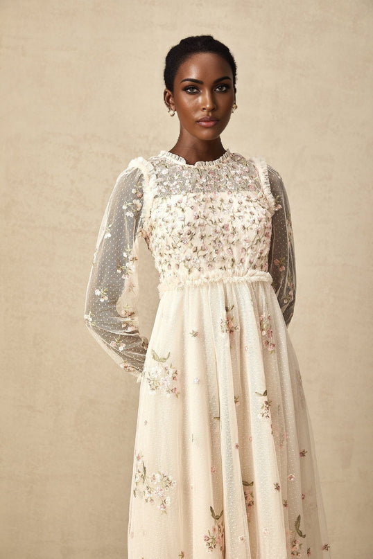 Diletta Floral Embroidery Midi Dress in Neutrals