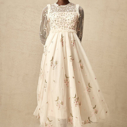 Diletta Floral Embroidery Midi Dress in Neutrals