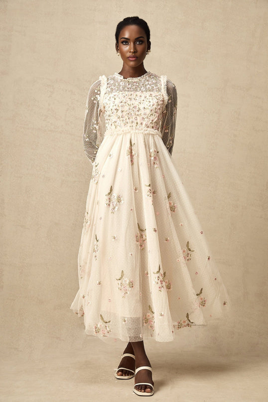 Diletta Floral Embroidery Midi Dress in Neutrals