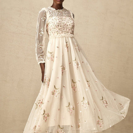 Diletta Floral Embroidery Midi Dress in Neutrals