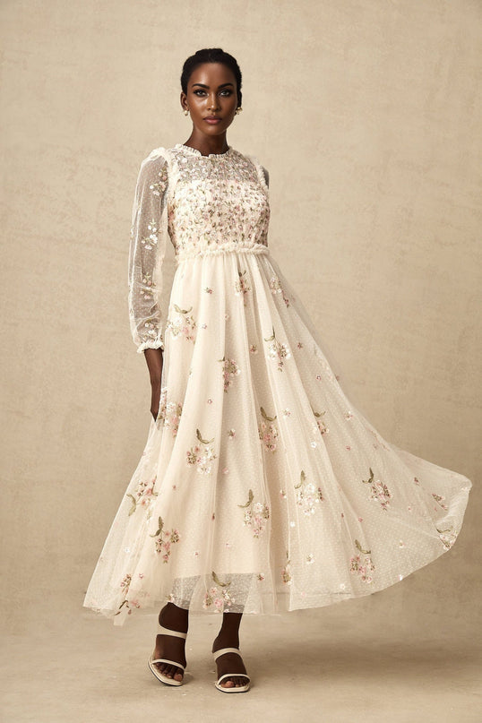 Diletta Floral Embroidery Midi Dress in Neutrals