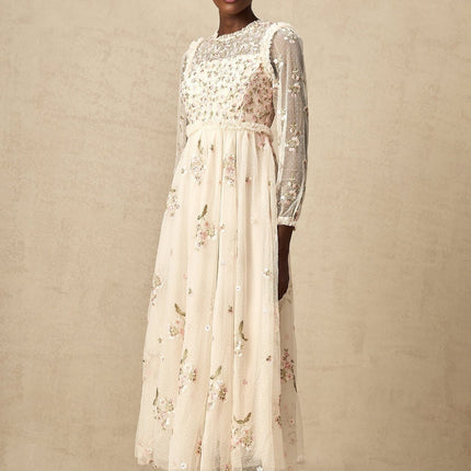 Diletta Floral Embroidery Midi Dress in Neutrals
