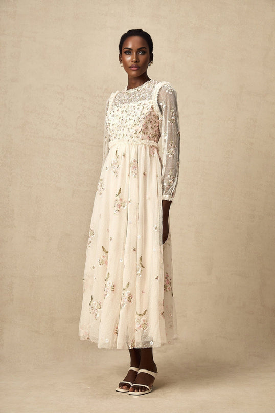 Diletta Floral Embroidery Midi Dress in Neutrals