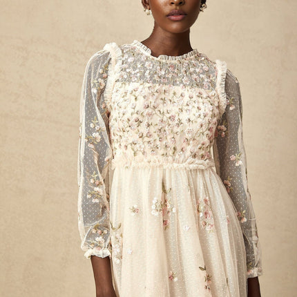 Diletta Floral Embroidery Midi Dress in Neutrals