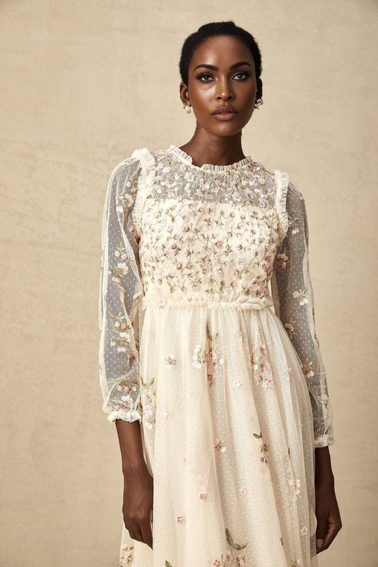 Diletta Floral Embroidery Midi Dress in Neutrals