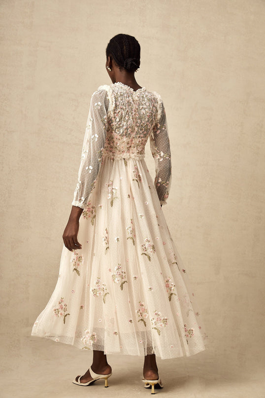 Diletta Floral Embroidery Midi Dress in Neutrals