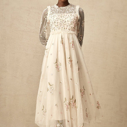 Diletta Floral Embroidery Midi Dress in Soft Neutrals