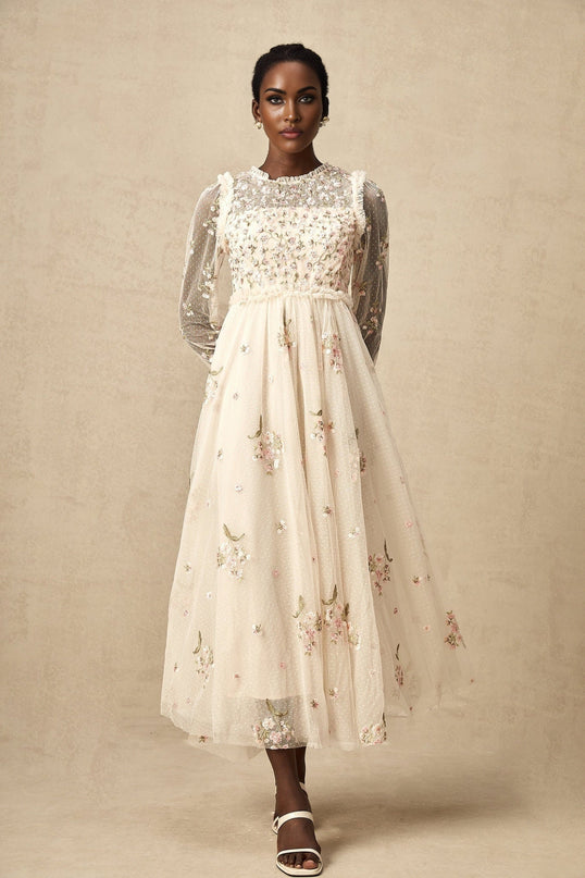 Diletta Floral Embroidery Midi Dress in Soft Neutrals