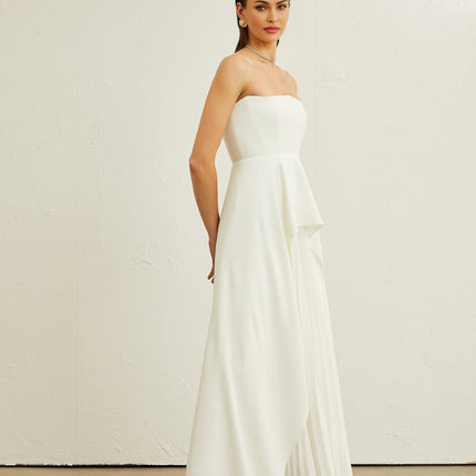 Diletta White Maxi Dress with Ruffled-Cut Trim and Pleated Design