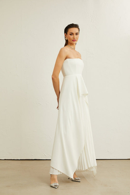Diletta White Maxi Dress with Ruffled-Cut Trim and Pleated Design