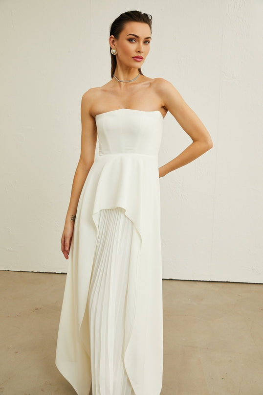 Diletta White Maxi Dress with Ruffled-Cut Trim and Pleated Design