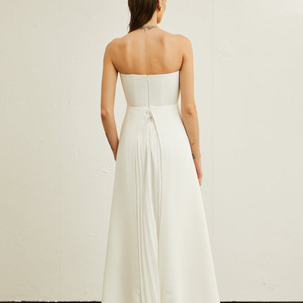 Diletta White Maxi Dress with Ruffled-Cut Trim and Pleated Design
