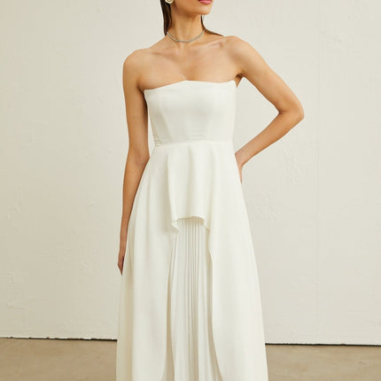 Diletta White Maxi Dress with Ruffled-Cut Trim and Pleated Design