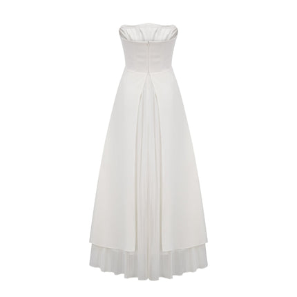 Diletta White Maxi Dress with Ruffled-Cut Trim and Pleated Design
