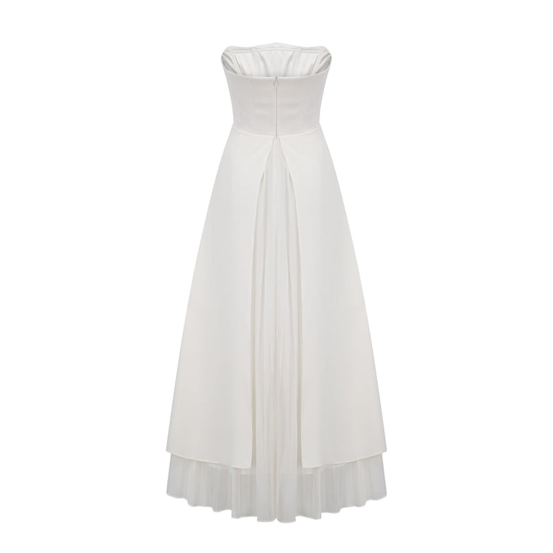 Diletta White Maxi Dress with Ruffled-Cut Trim and Pleated Design