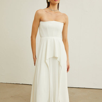 Diletta White Maxi Dress with Ruffled-Cut Trim and Pleated Design