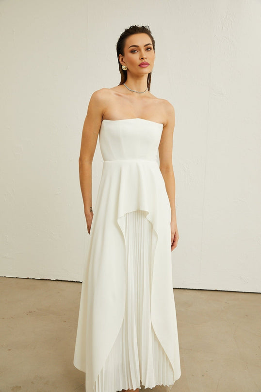 Diletta White Maxi Dress with Ruffled-Cut Trim and Pleated Design