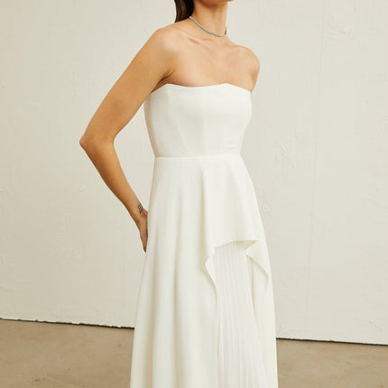 Diletta White Maxi Dress with Ruffled-Cut Trim and Pleated Design