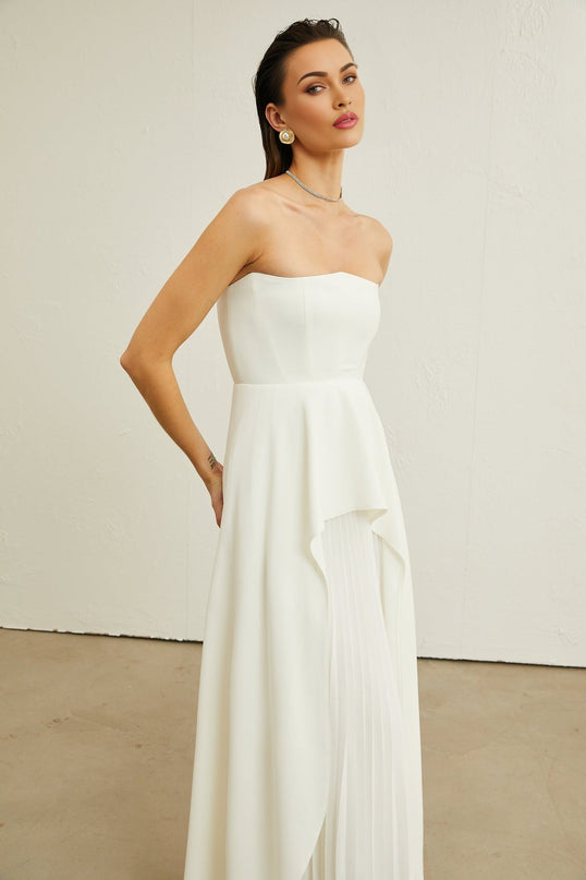 Diletta White Maxi Dress with Ruffled-Cut Trim and Pleated Design