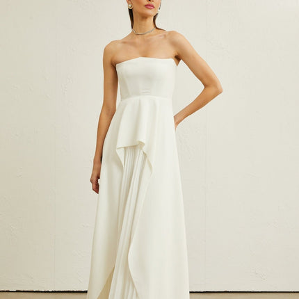 Diletta White Maxi Dress with Ruffled-Cut Trim and Pleated Design