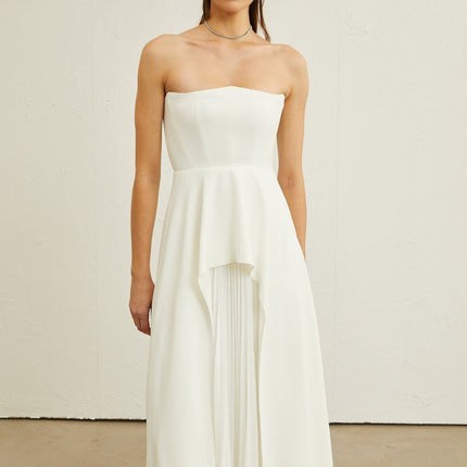 Diletta White Maxi Dress with Ruffled Cut Trim and Pleated Design