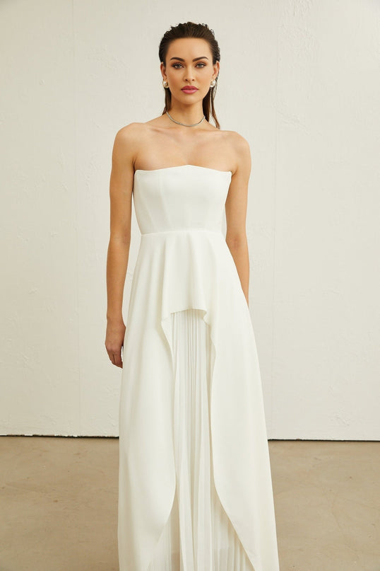 Diletta White Maxi Dress with Ruffled Cut Trim and Pleated Design