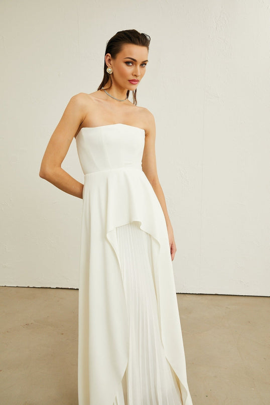 Diletta White Maxi Dress Off-Shoulder Ruffled Cut Trim Pleated Design Polyamide Elastane Rear Zip Fastening Luxurious Blend Elegant Glamour