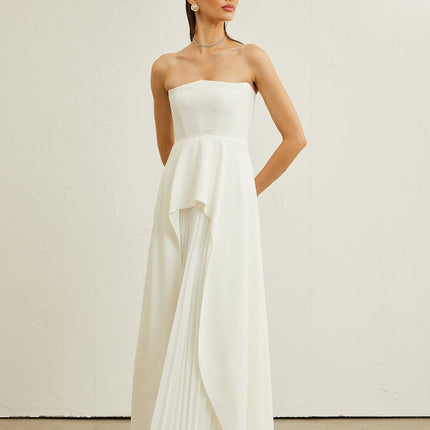 Diletta White Maxi Dress Pleated Design Ruffled Trim Off-Shoulder Silhouette