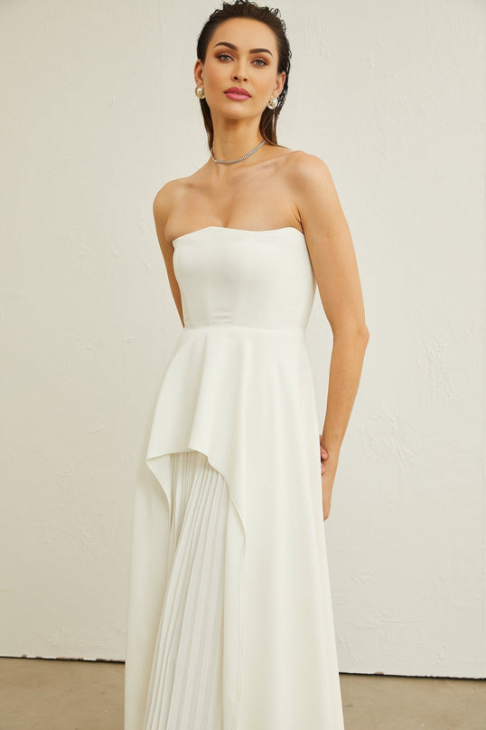 Diletta White Maxi Dress Off-Shoulder Ruffled Pleated Design Polyamide Elastane Rear Zip Fastening Luxurious Blend Effortless Glamour Timeless Piece Poise Refinement