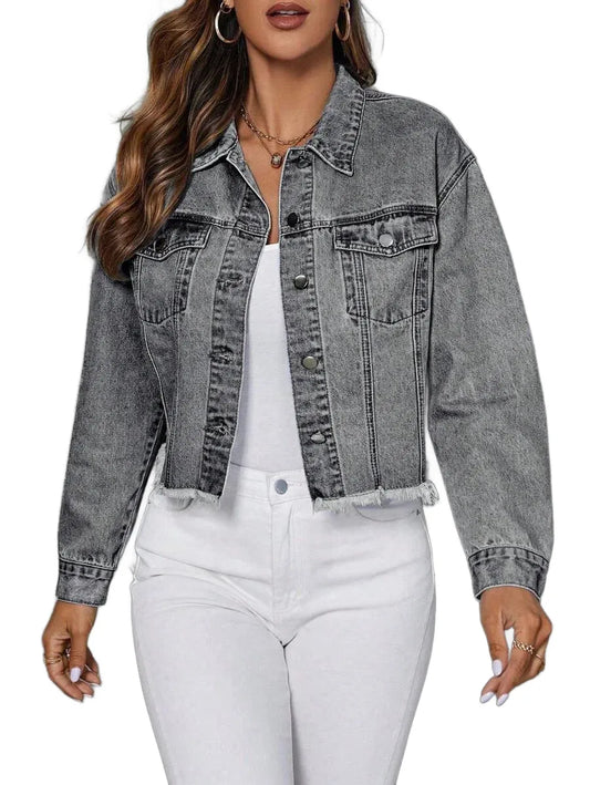 Distressed Frayed Hem Cropped Denim Jacket