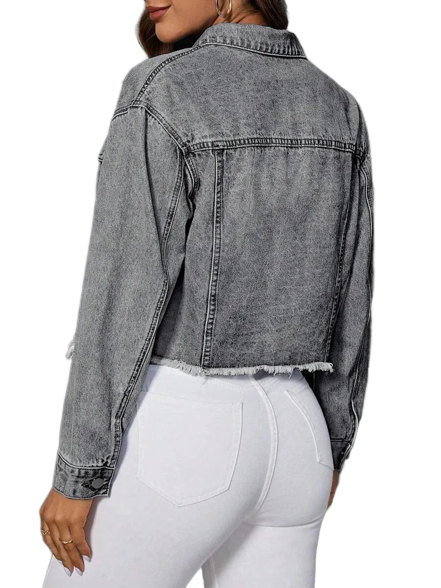 Distressed Frayed Hem Cropped Denim Jacket
