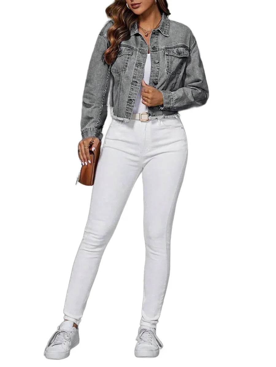 Distressed Frayed Hem Cropped Denim Jacket