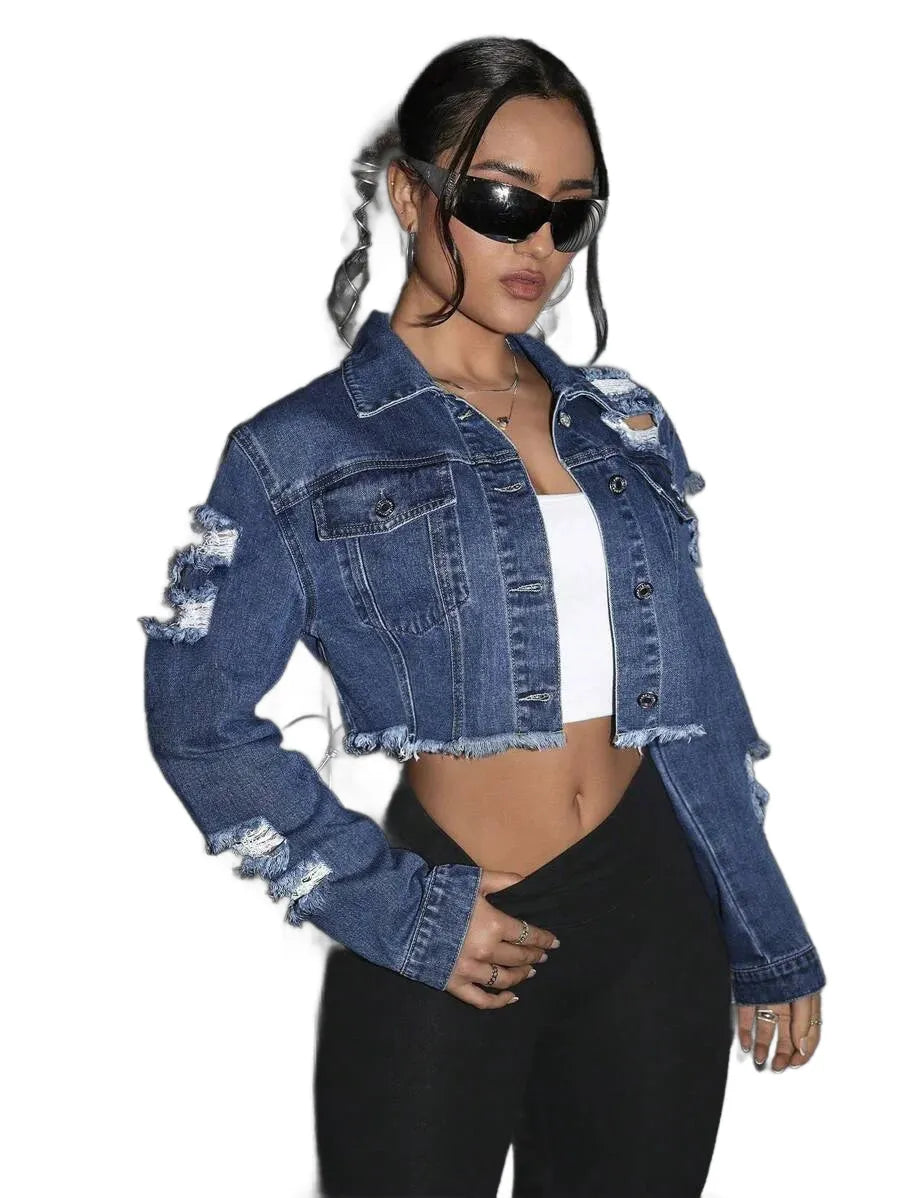 Distressed Washed Denim Jacket With Frayed Hem Cropped
