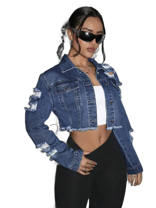 Distressed Washed Denim Jacket With Frayed Hem Cropped