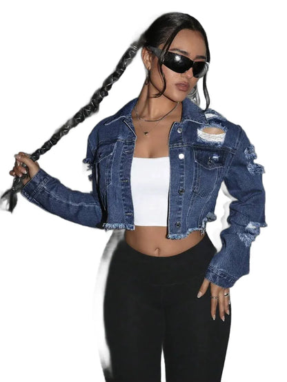 Distressed Washed Denim Jacket With Frayed Hem Cropped